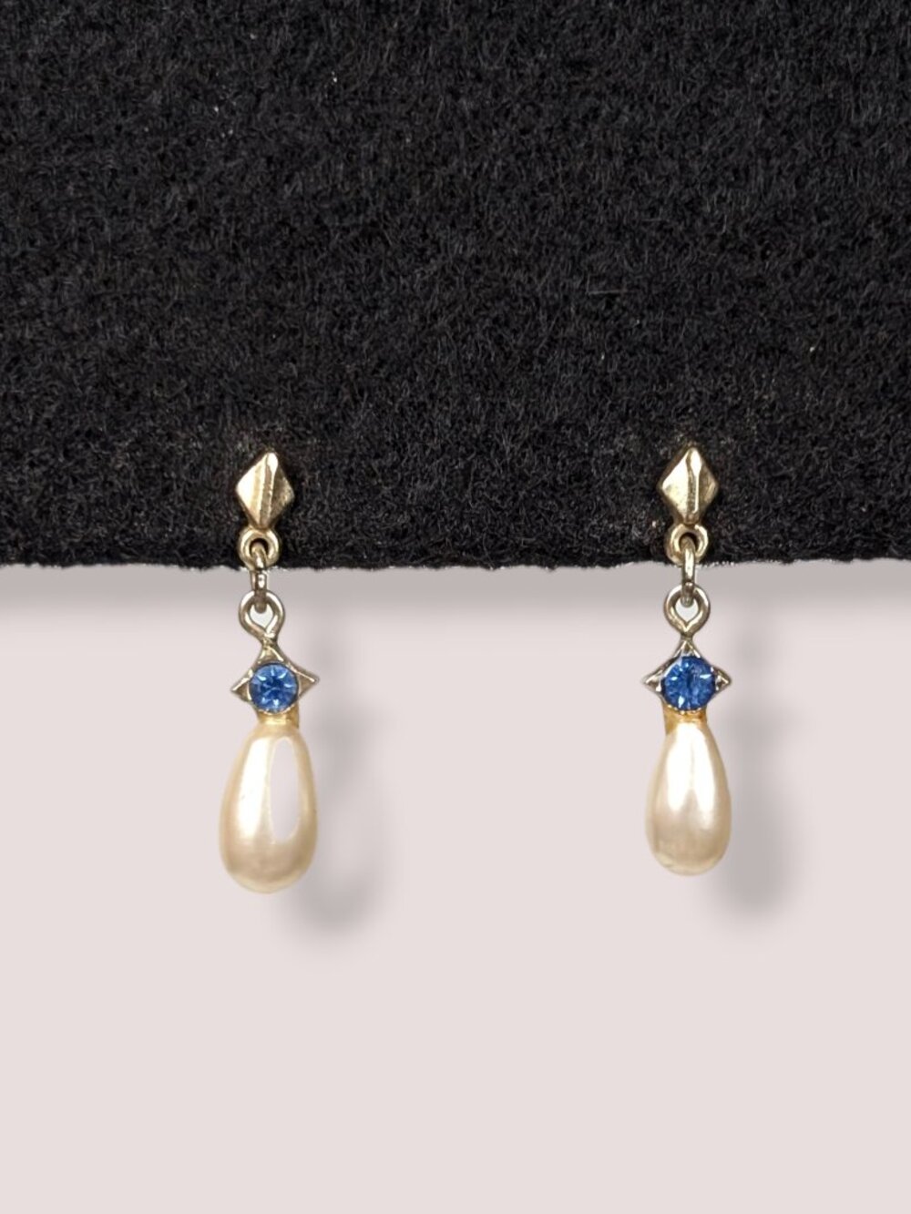 Vintage Faux Pearl & Blue Rhinestone Dangle Earrings